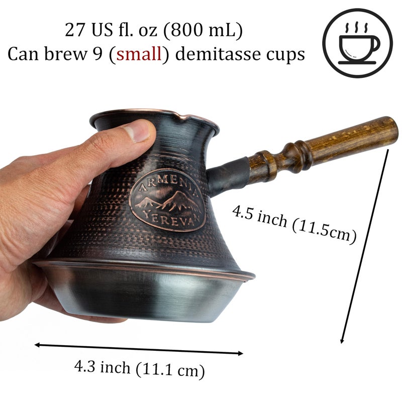 HandCraftoria Handmade Armenian Coffee Pot Maker 27 Fl Oz (800ml) Induction Copper Jazva Ararat Turkish Arabic Greek Cezve Jezve Ibrik Turka Jazve Wooden Handle - Image 3